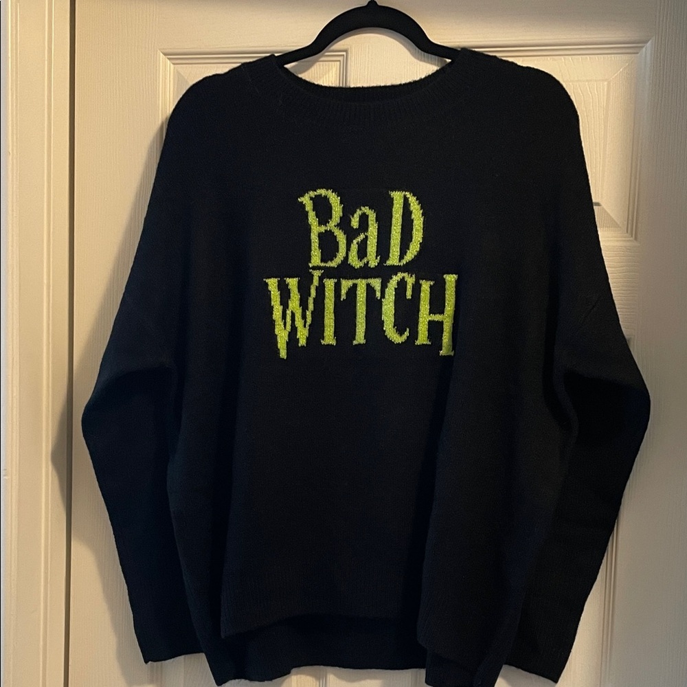 Vince Camuto Black Sweater with Green 'Bad Witch' Design